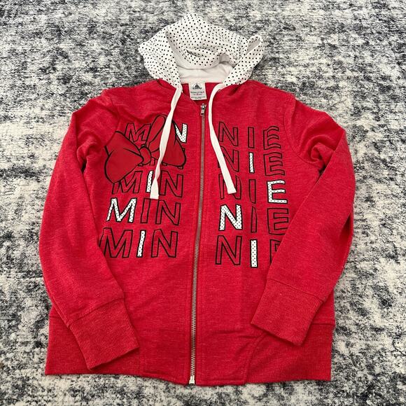 Disney Minnie Mouse Hoodie Red Polka Dot Bow Zip Sweater Womens Size M layered - Picture 1 of 7